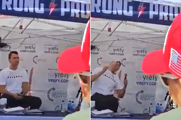 Imagem mostra Charlie Kirk momentos antes de ser baleado e logo após o disparo, que o atingiu no pescoço Imagem mostra Charlie Kirk momentos antes de ser baleado e logo após o disparo, que o atingiu no pescoço