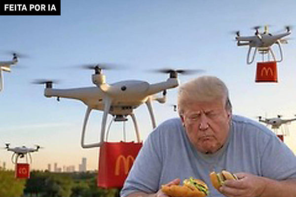 Montagem feita por inteligência artificial mostra o presidente dos EUA, Donald Trump, comendo lanches da rede de fast food McDonald's 